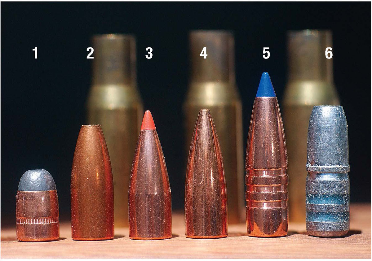 Six different bullets were used for the loads developed for this story: (1) Hornady 86-grain RN designed for the 30 Mauser pistol, (2) Sierra 110 hollowpoint, (3) Hornady 110 V-MAX, (4) Speer 125 TNT hollowpoint, (5) Barnes 130 TTSX, (6) LaserCast 165-grain lead bullet.